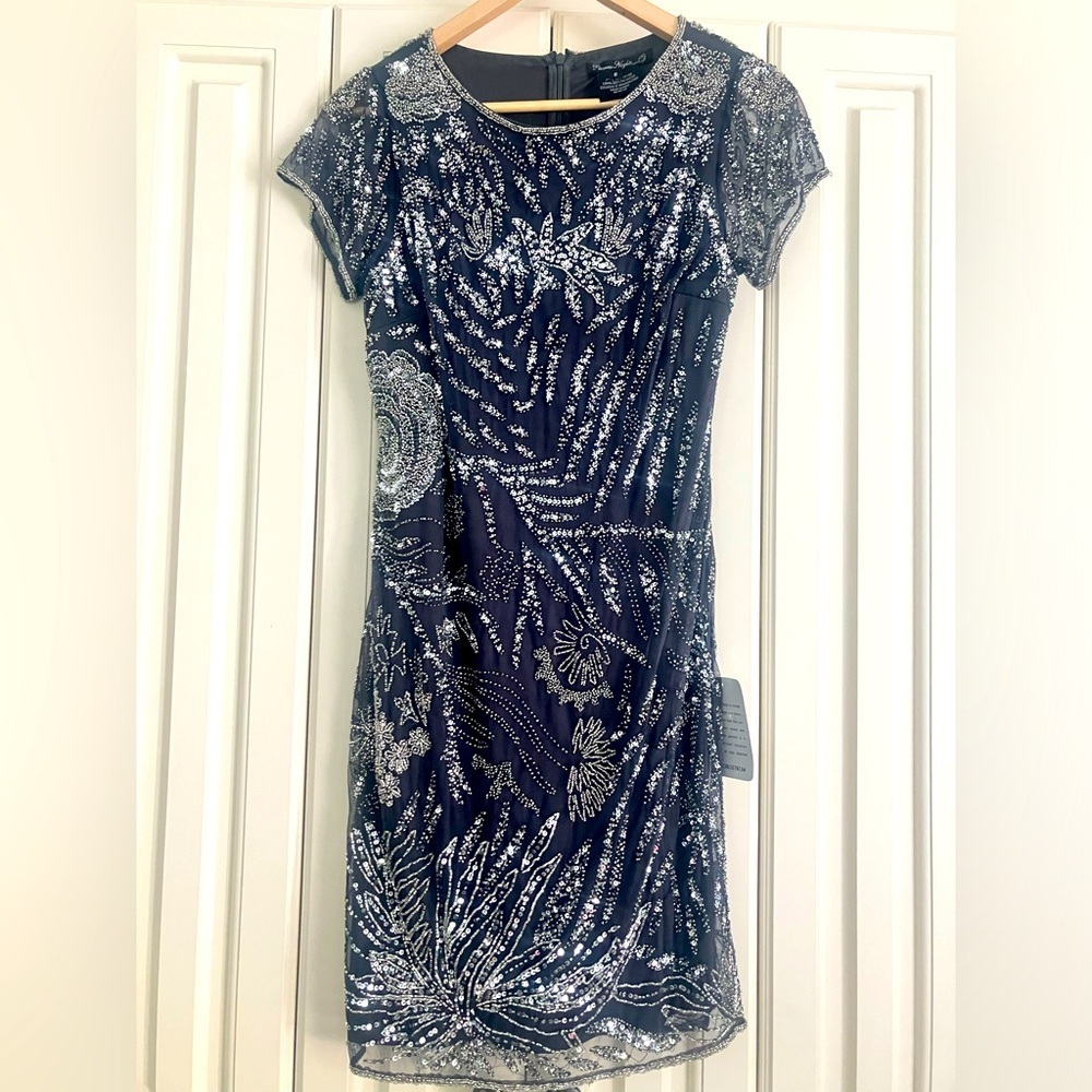 Pisarro Nights Slate Rose Motif Beaded Short Mesh Cocktail Dress Size‎ 6 NWT